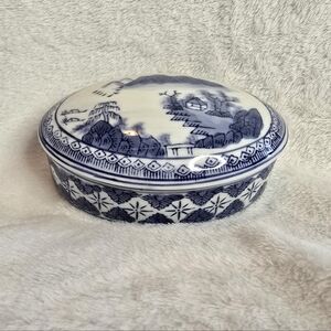 Vintage Blue and White Chinoiserie Oval Porcelain Trinket Box